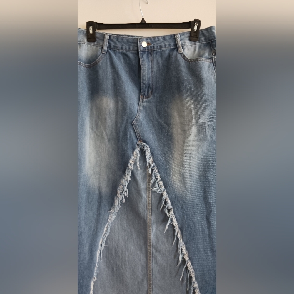 Denim Frayed Maxi Skirt